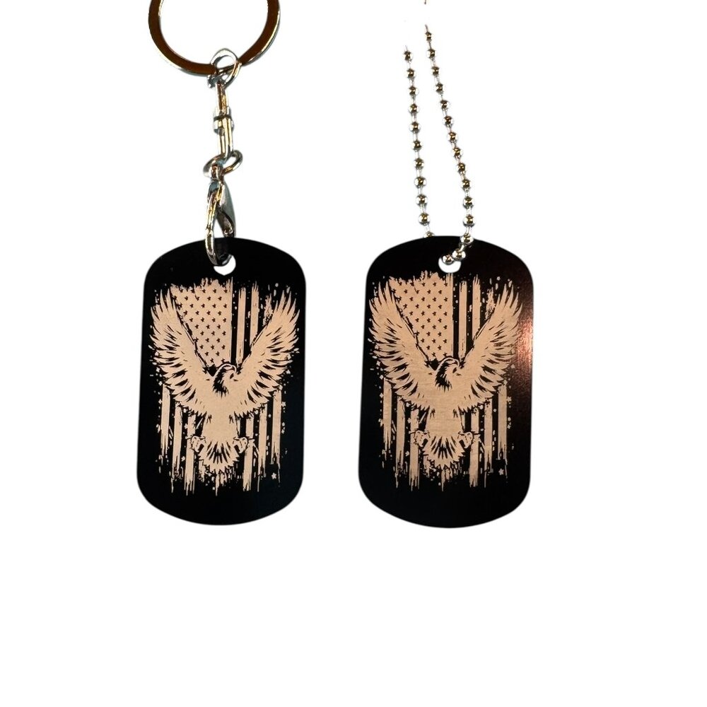 Patriotic Eagle Dog Tag Necklace and Keychain Set, Military Style Metal Tags wit